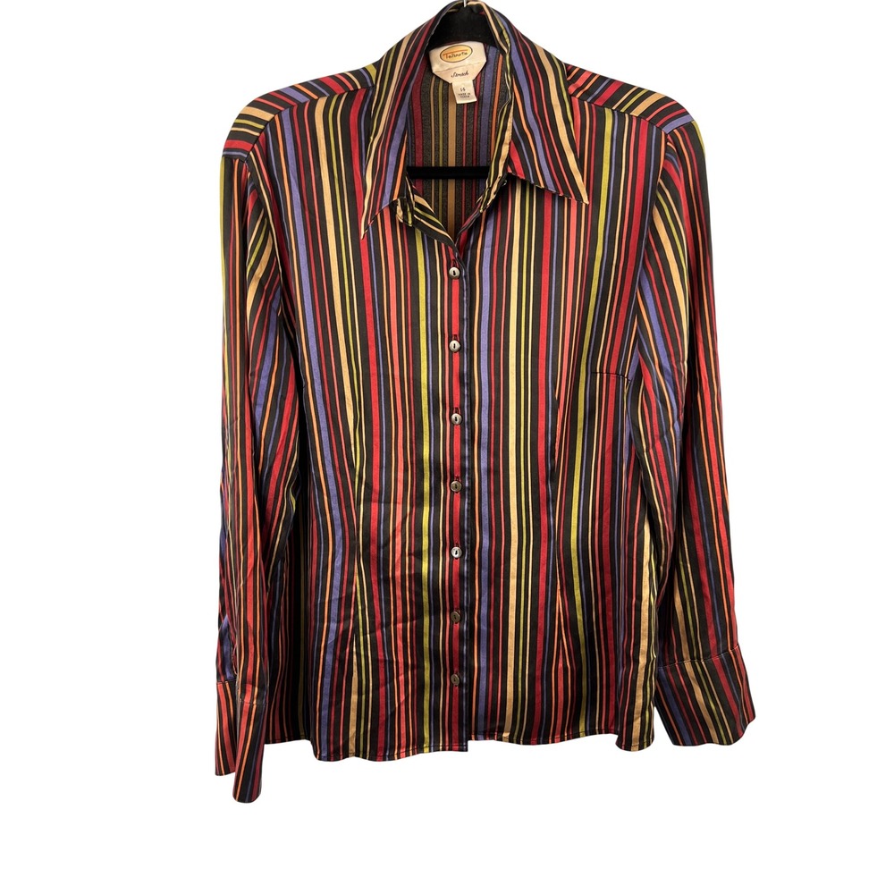 Vintage Talbots Stretch Silk Multicolor Striped Retro Blouse Sz14 Career Office